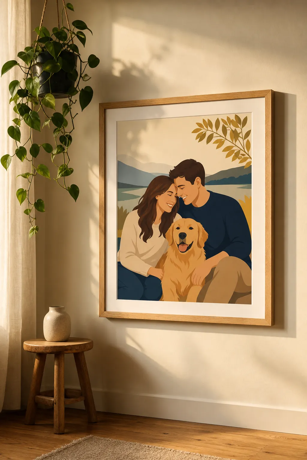 Ilustración personalizada de una familia con su perro colgada en la pared
