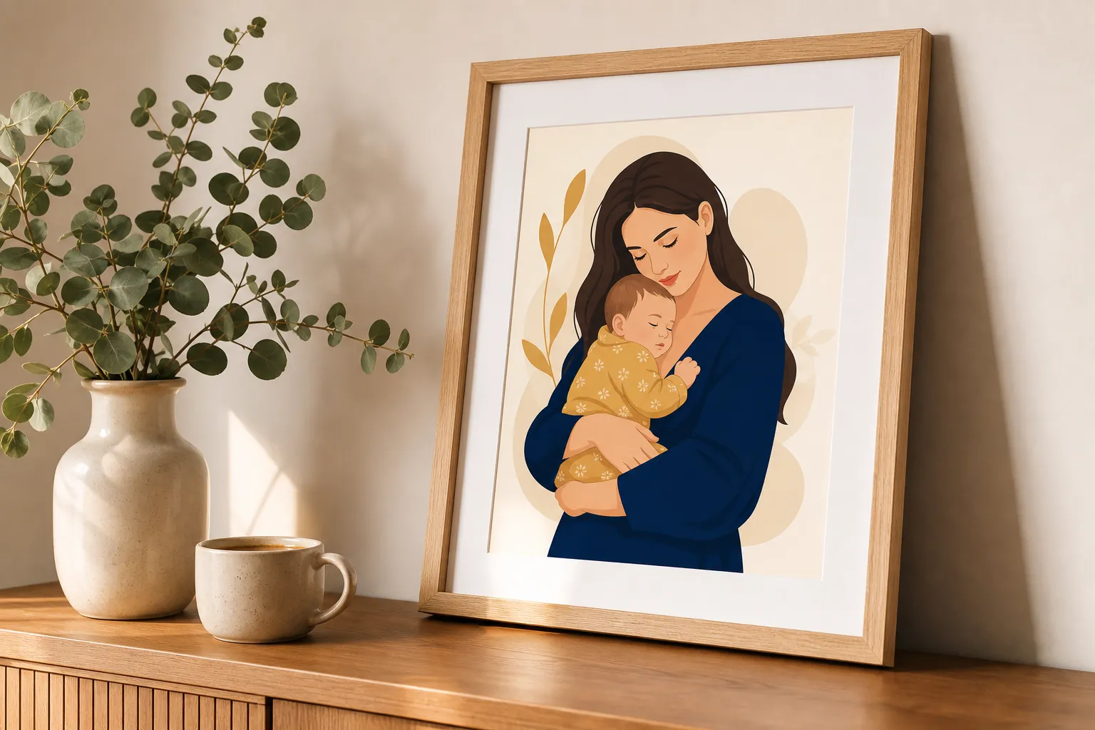 Ilustración personalizada de una madre con su bebé, apoyada en un aparador como regalo
